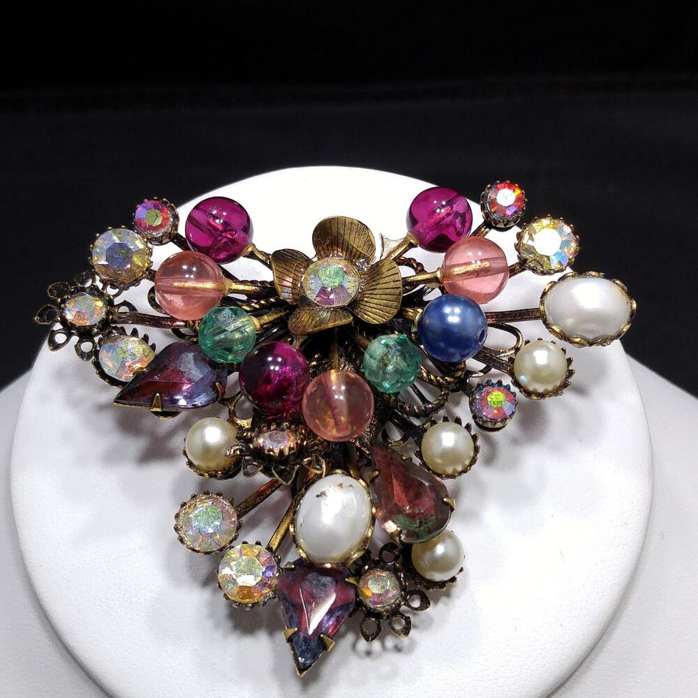 Mid-century Floral Beaded Riveted Brooch, Rhinestones Beads Prongs 1950s Vintage